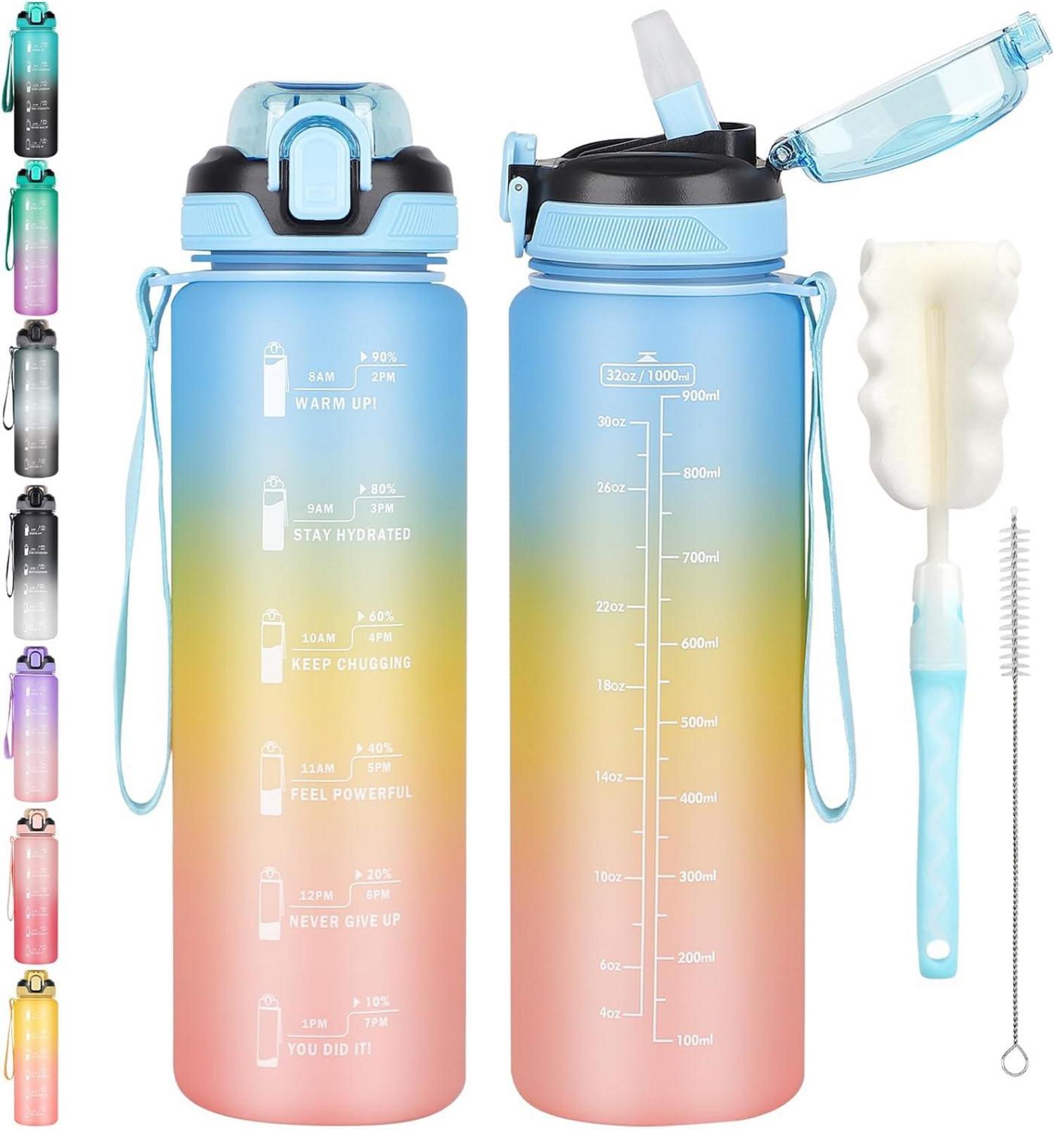 Sport Trinkflasche 1l mit Zeitmarkierung und Strohhalm
