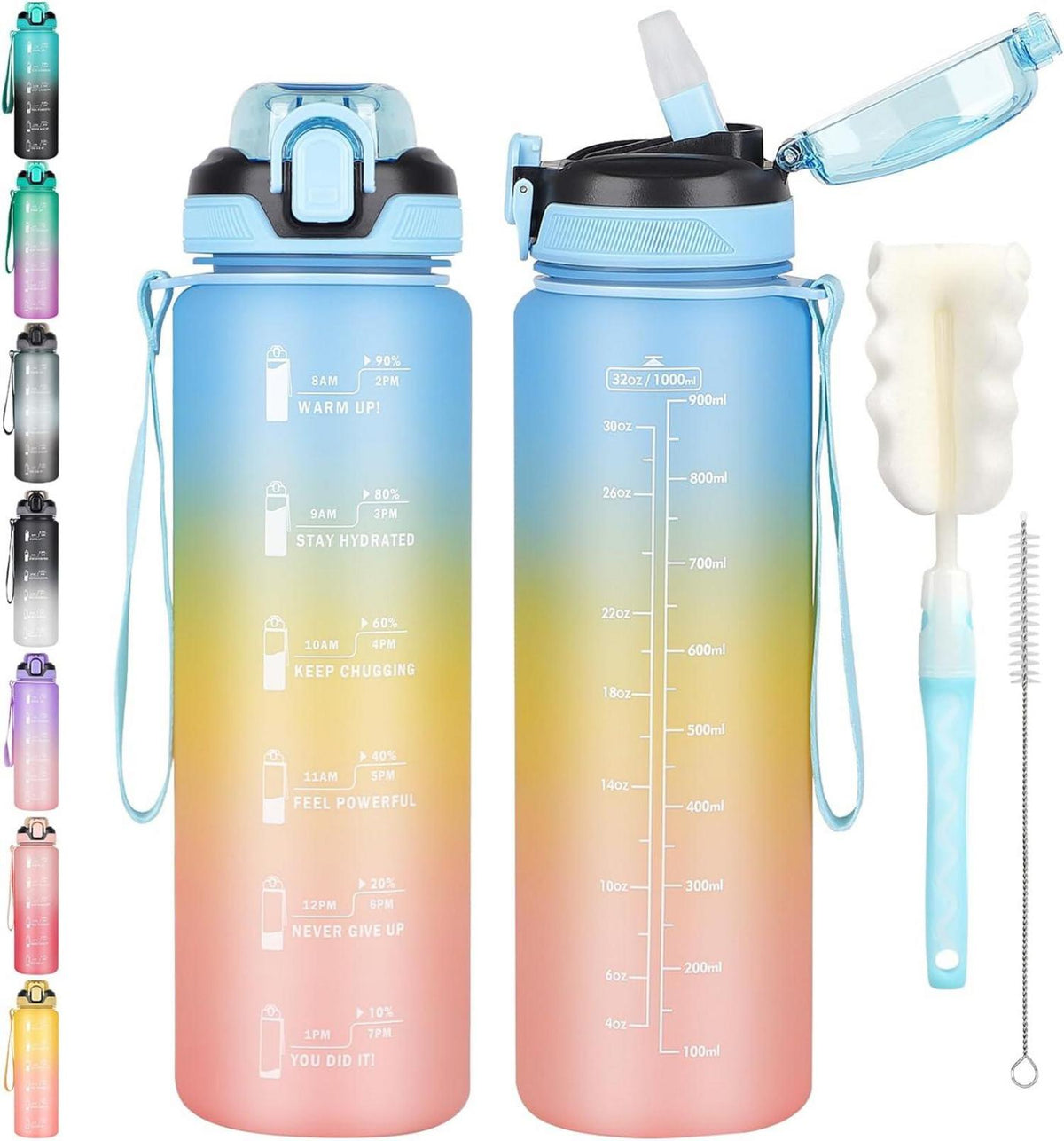 Sport Trinkflasche 1l mit Zeitmarkierung und Strohhalm