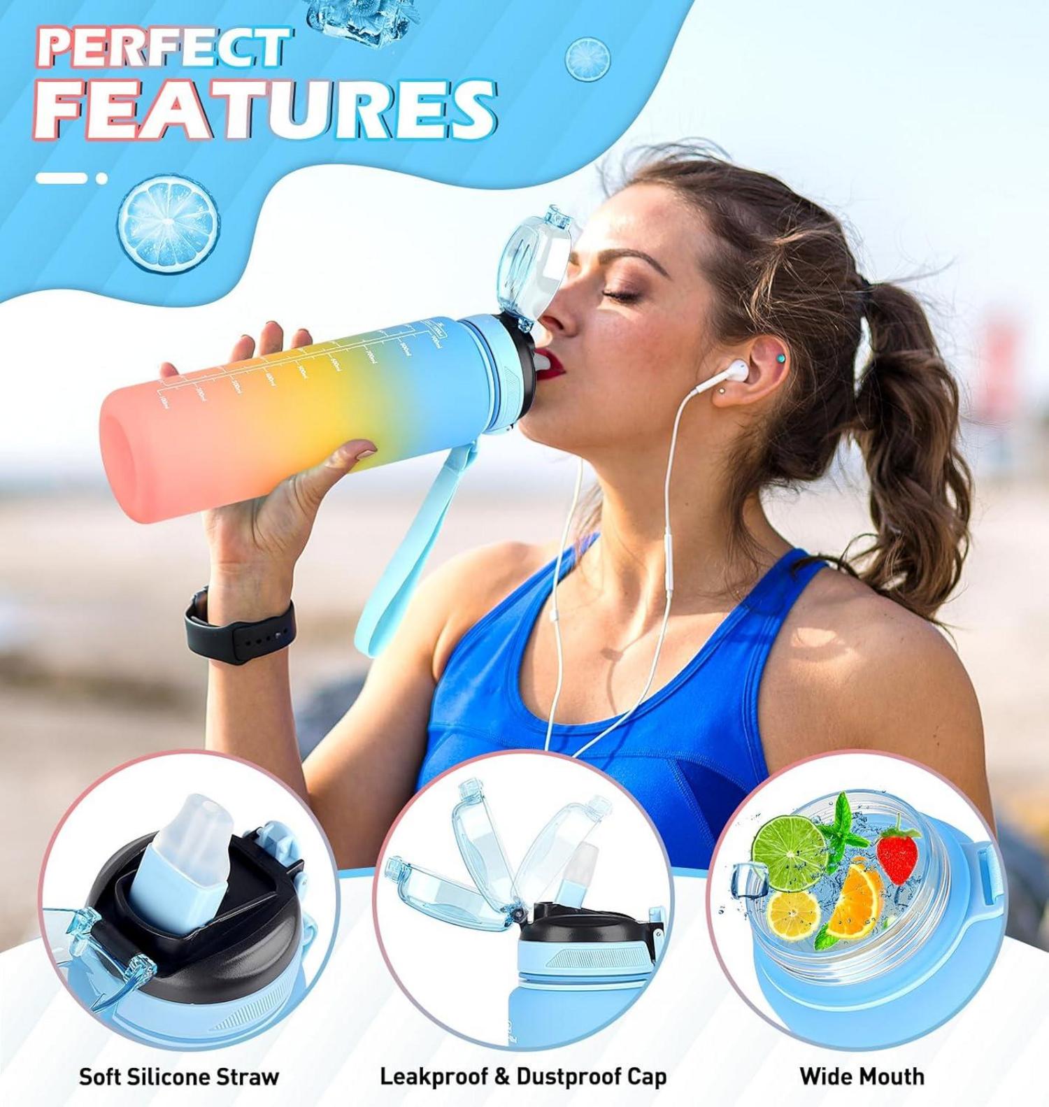 Sport Trinkflasche 1l mit Zeitmarkierung und Strohhalm