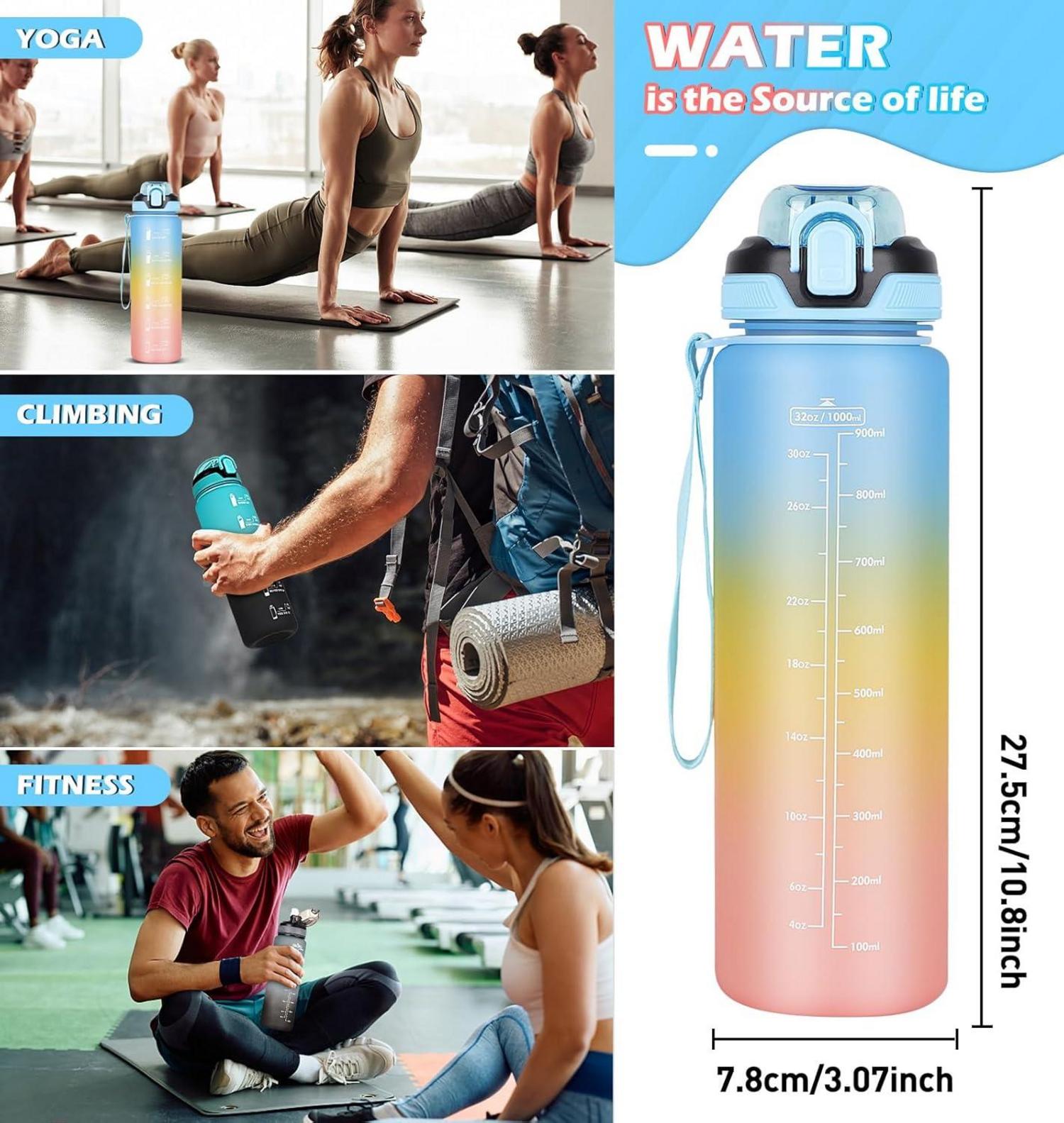 Trinkflasche 1l Strohhalm Auslaufsicher Zeitmarkierung Sport Bottle Brush