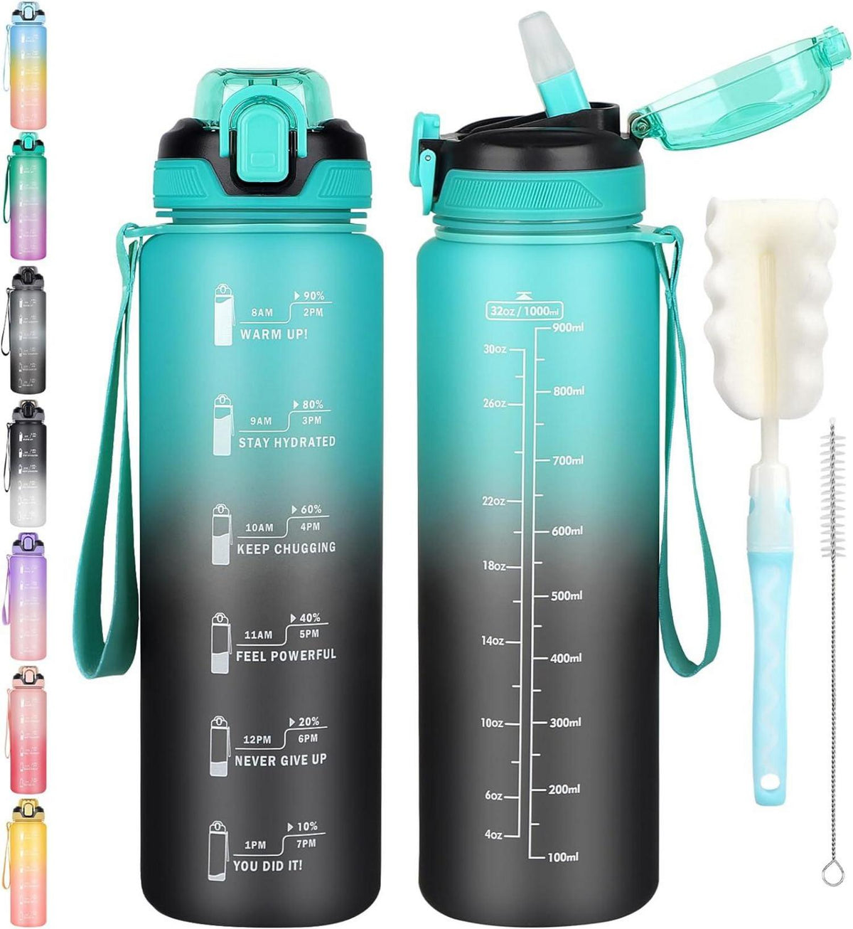 Sport Trinkflasche 1l mit Strohhalm und Zeitmarkierung