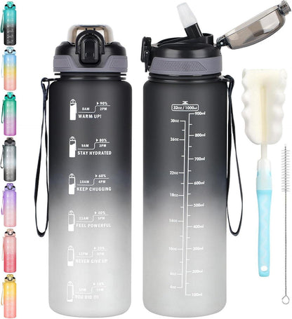 Sportliche Trinkflasche mit Strohhalm und Zeitmarkierung 1l