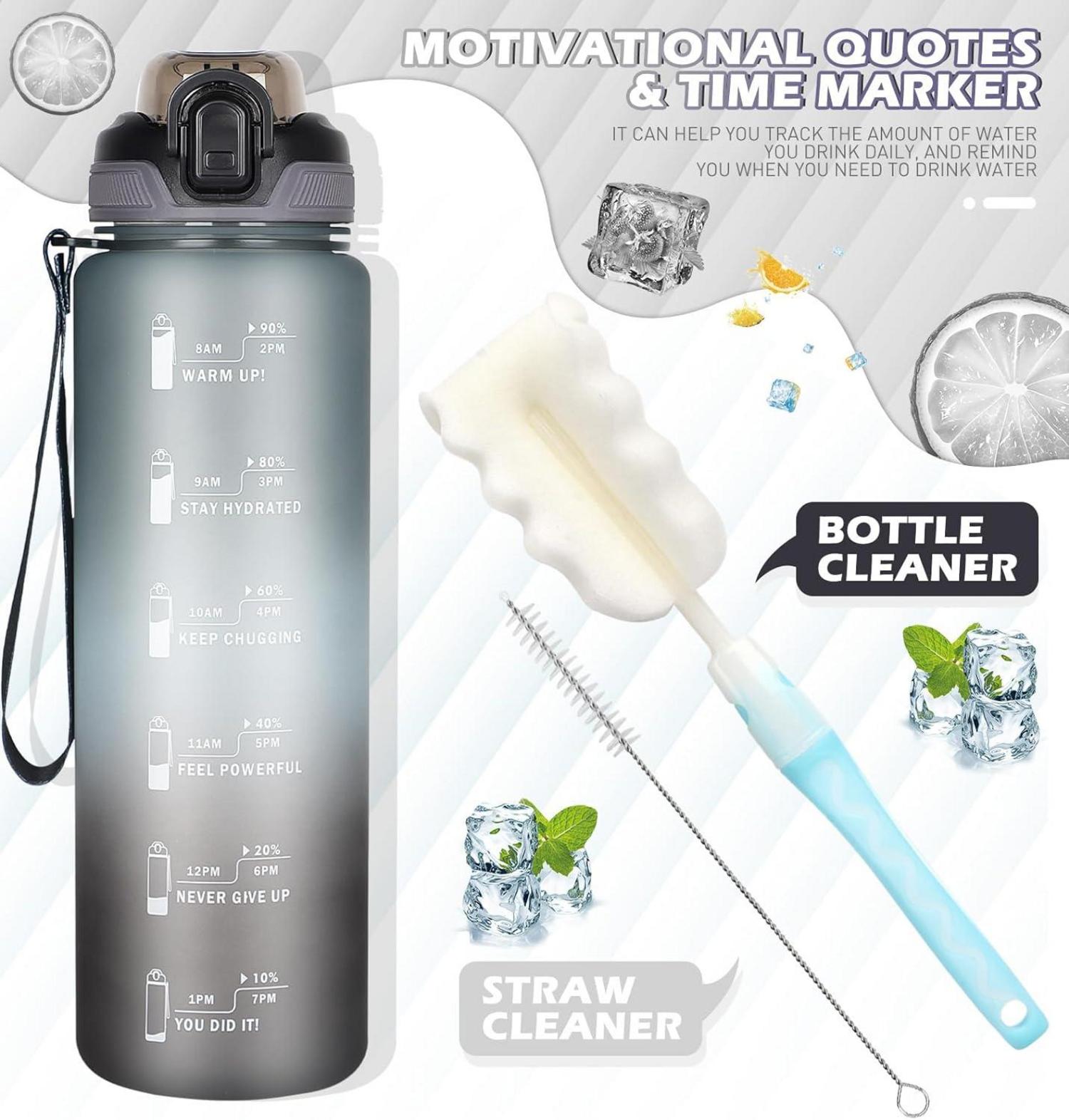 Trinkflasche 1l mit Strohhalm und Zeitmarkierung Grau