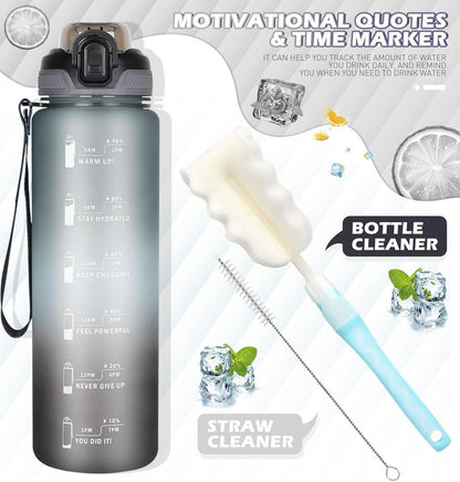 Trinkflasche 1l mit Strohhalm und Zeitmarkierung Grau