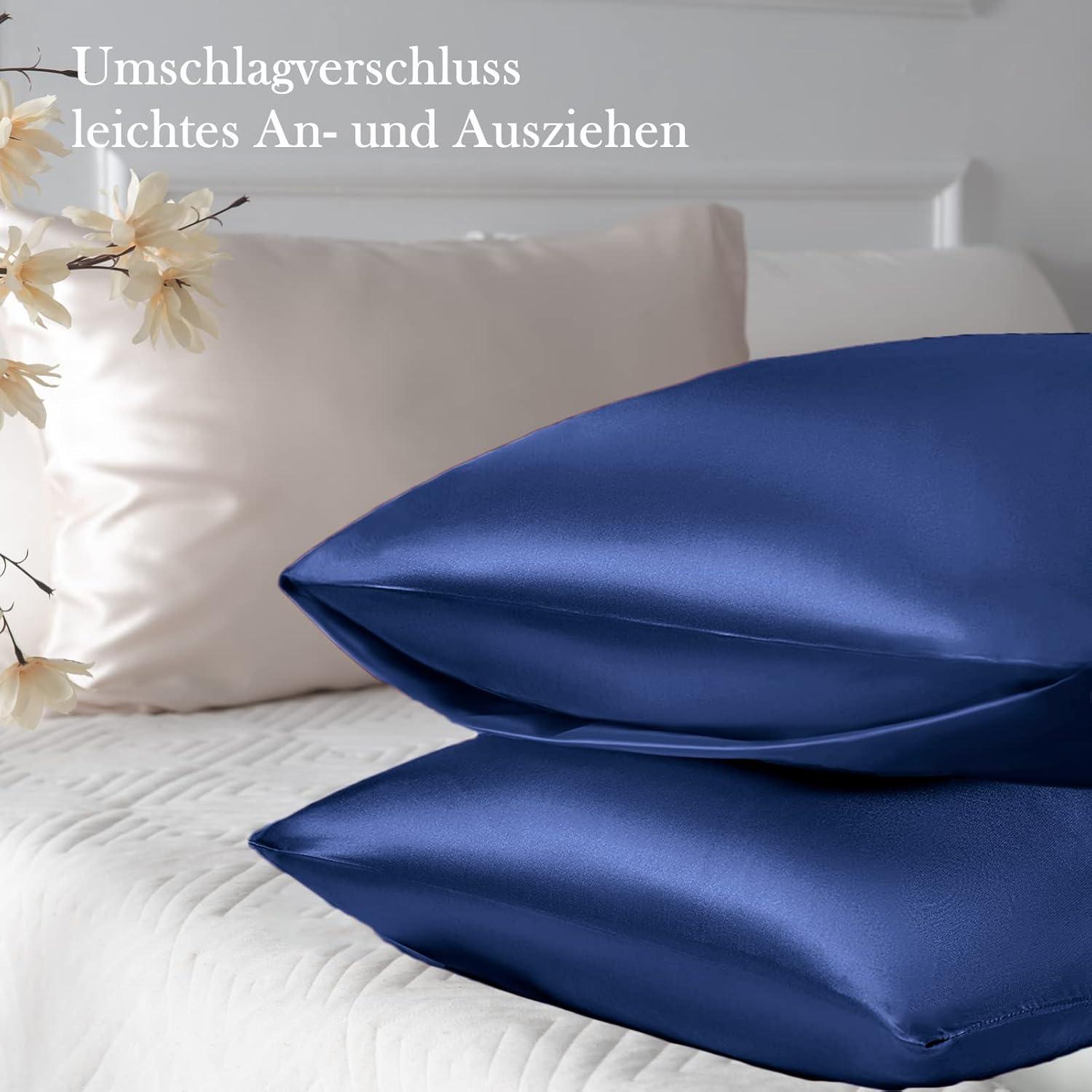 Satin Kissenbezug Dunkelblau 40x60 2er-Set mit Haargummis
