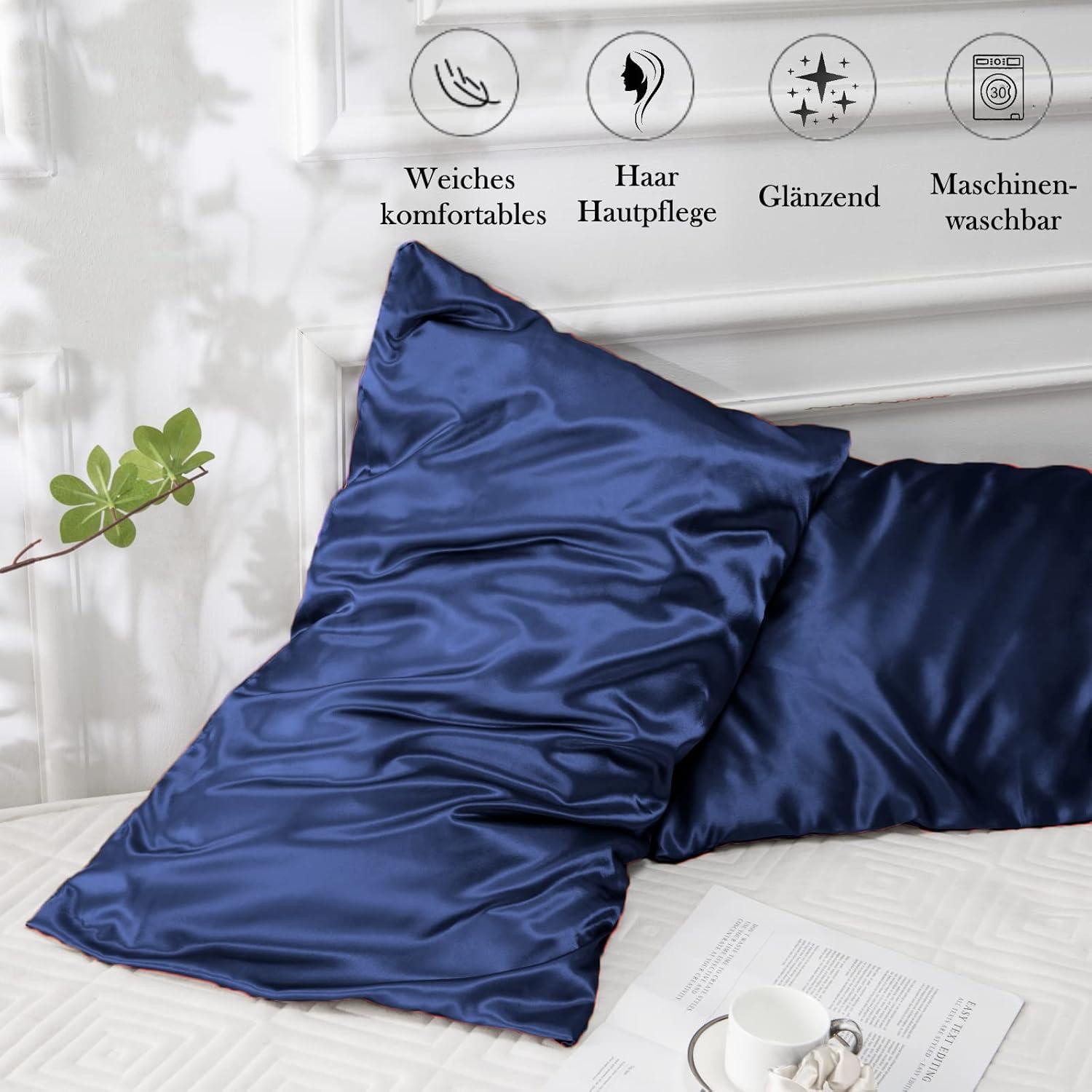 Satin Kissenbezug 40x60 Dunkelblau mit Haargummis - 2er-Set