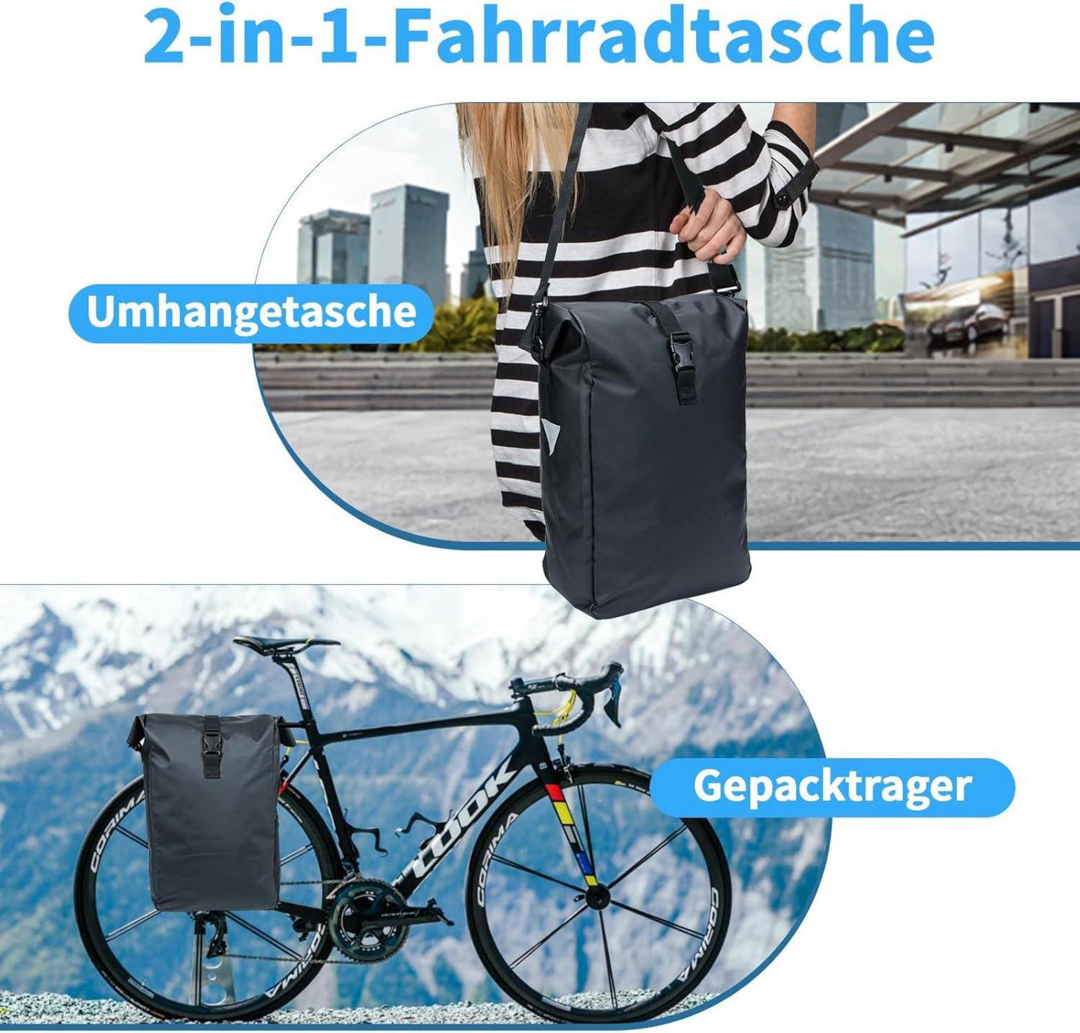 FINEW Fahrradtasche Gepäckträger 20L wasserdicht Schwarz 2in1 Umhängetasche