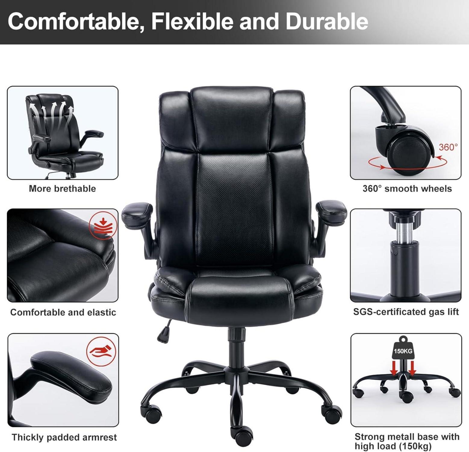 Ergonomischer Bürostuhl PU-Leder Schwarz 150KG belastbar Armlehnen