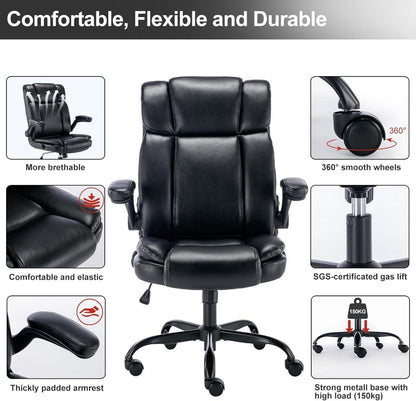 Ergonomischer Bürostuhl PU-Leder Schwarz 150KG belastbar Armlehnen