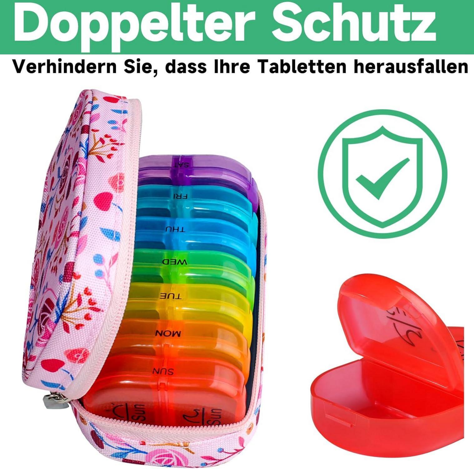 Tablettenbox 7 Tage Pillendose 2 Fächer Organizer Canvas Tasche Regenbogen Rosa