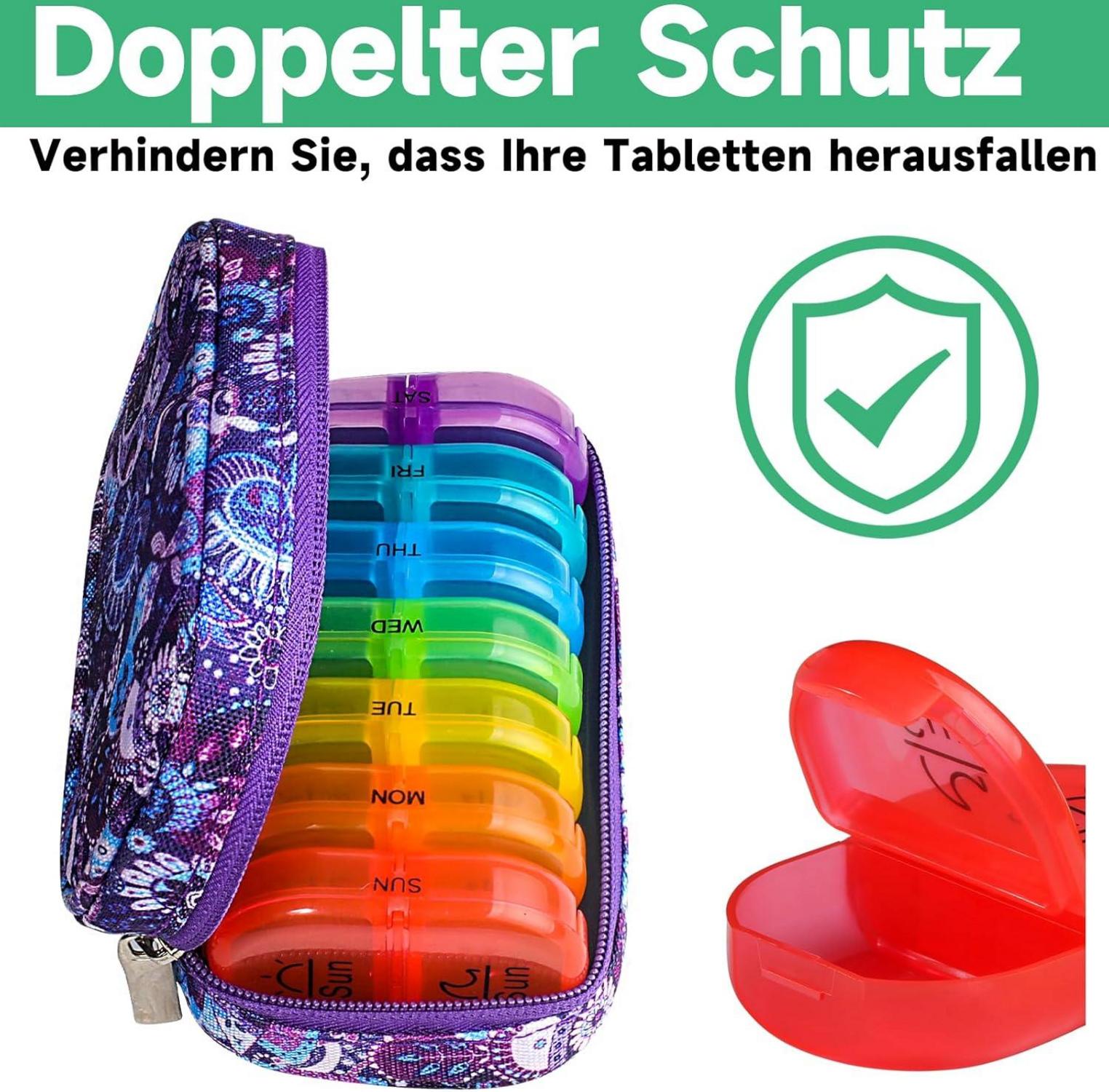 Tablettenbox 7 Tage Pillendose 2 Fächer Regenbogen Canvas Tasche Purple