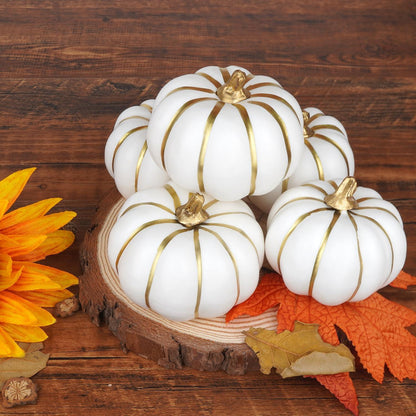 Künstliche Kürbisse Set 12-teilig Weiße Goldline Herbst Halloween Deko