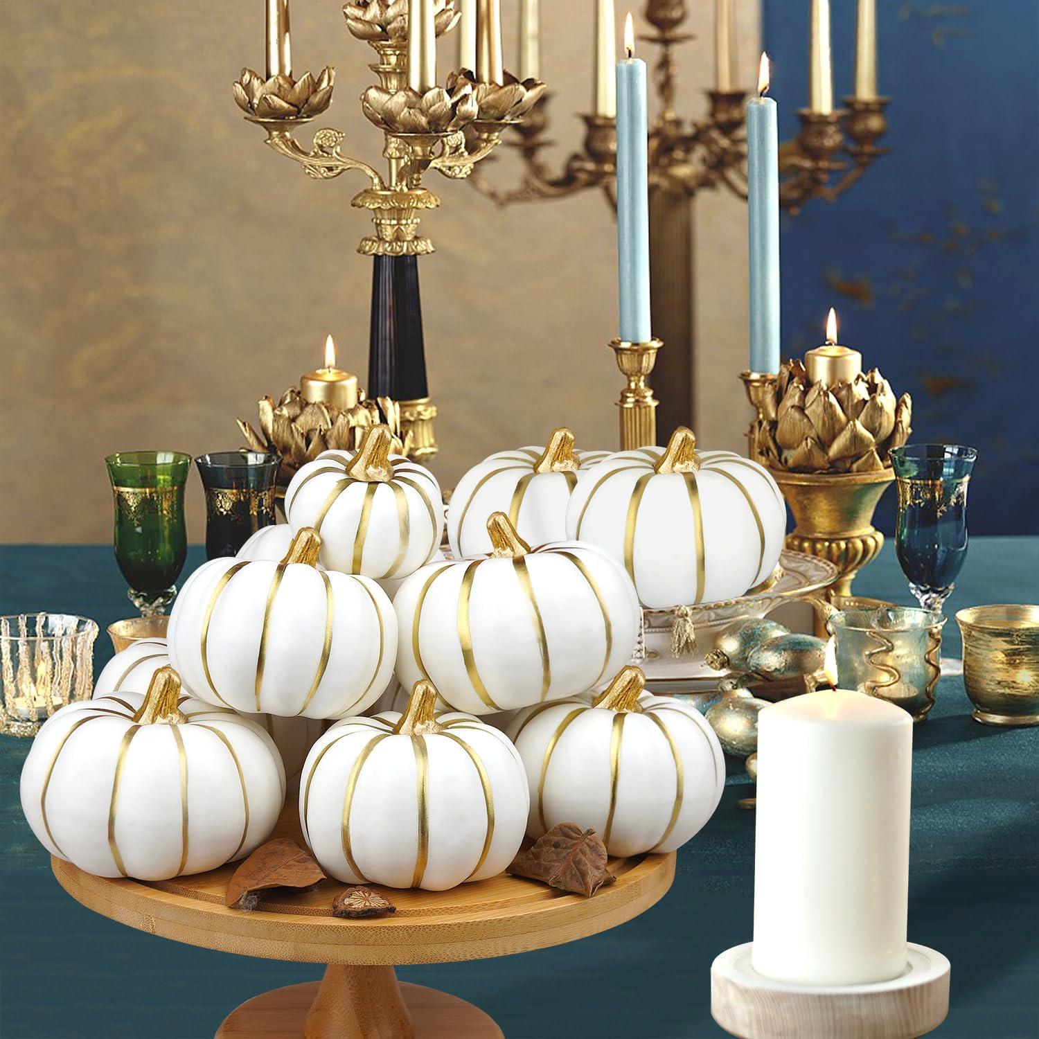 Künstliche Kürbisse Set 12 Stück verschiedene Größen weiß Goldline Herbst