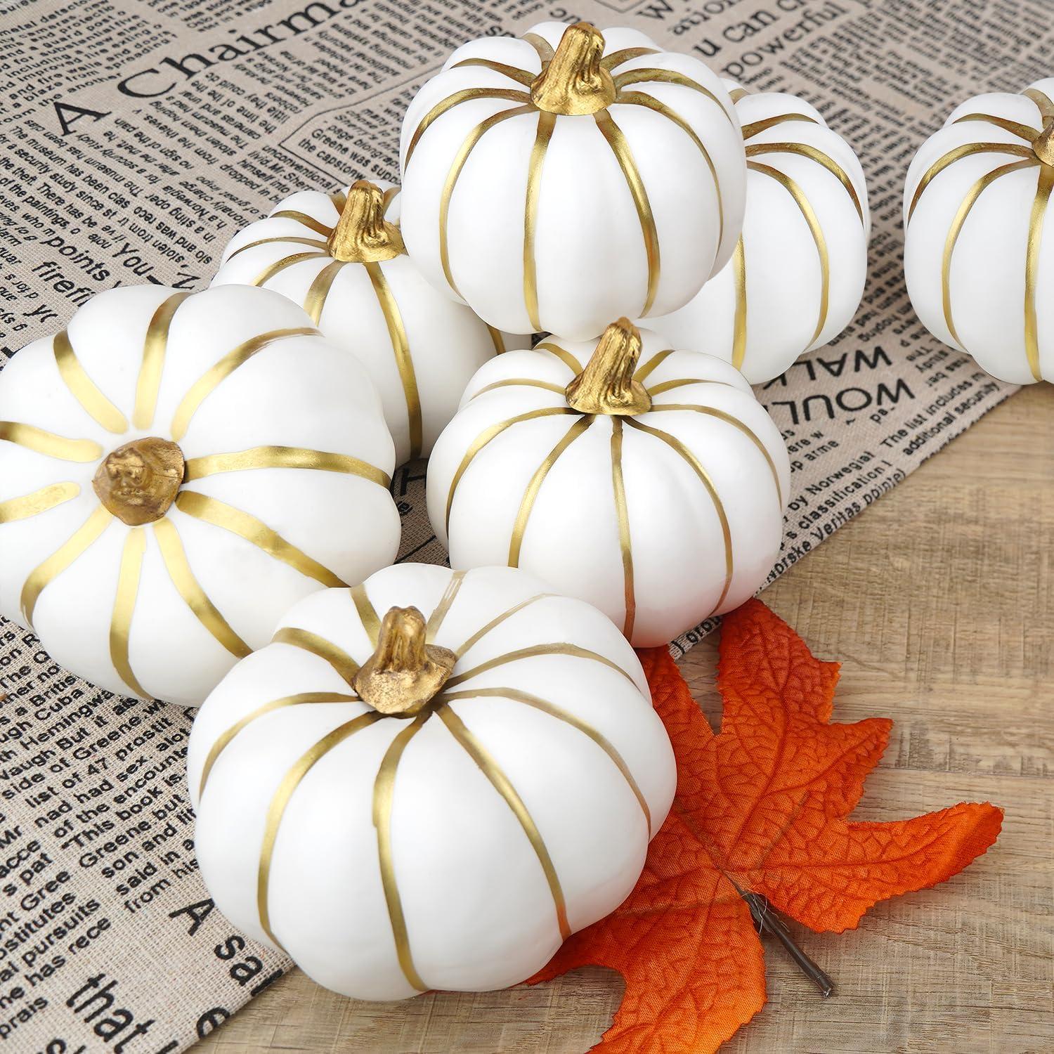 Künstliche Kürbisse Set 12Pcs Weiße Goldline Herbst Halloween