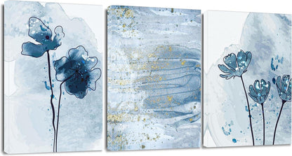 3-teiliges Abstract Leinwandbild Blau Gold Aquarellmalerei 30x40cm