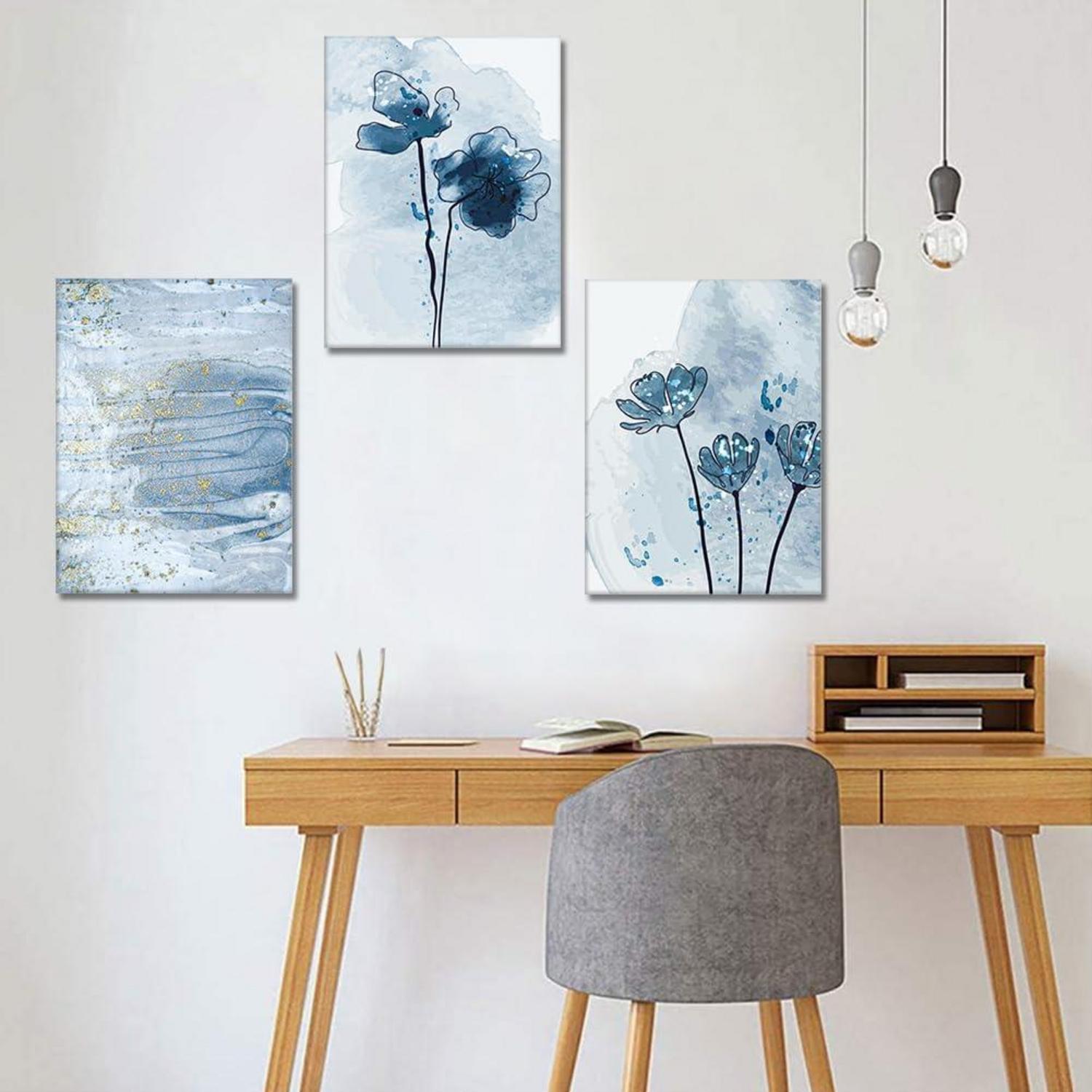 3-teilig Blaue Goldene Aquarellmalerei Leinwandbilder 30x40cm