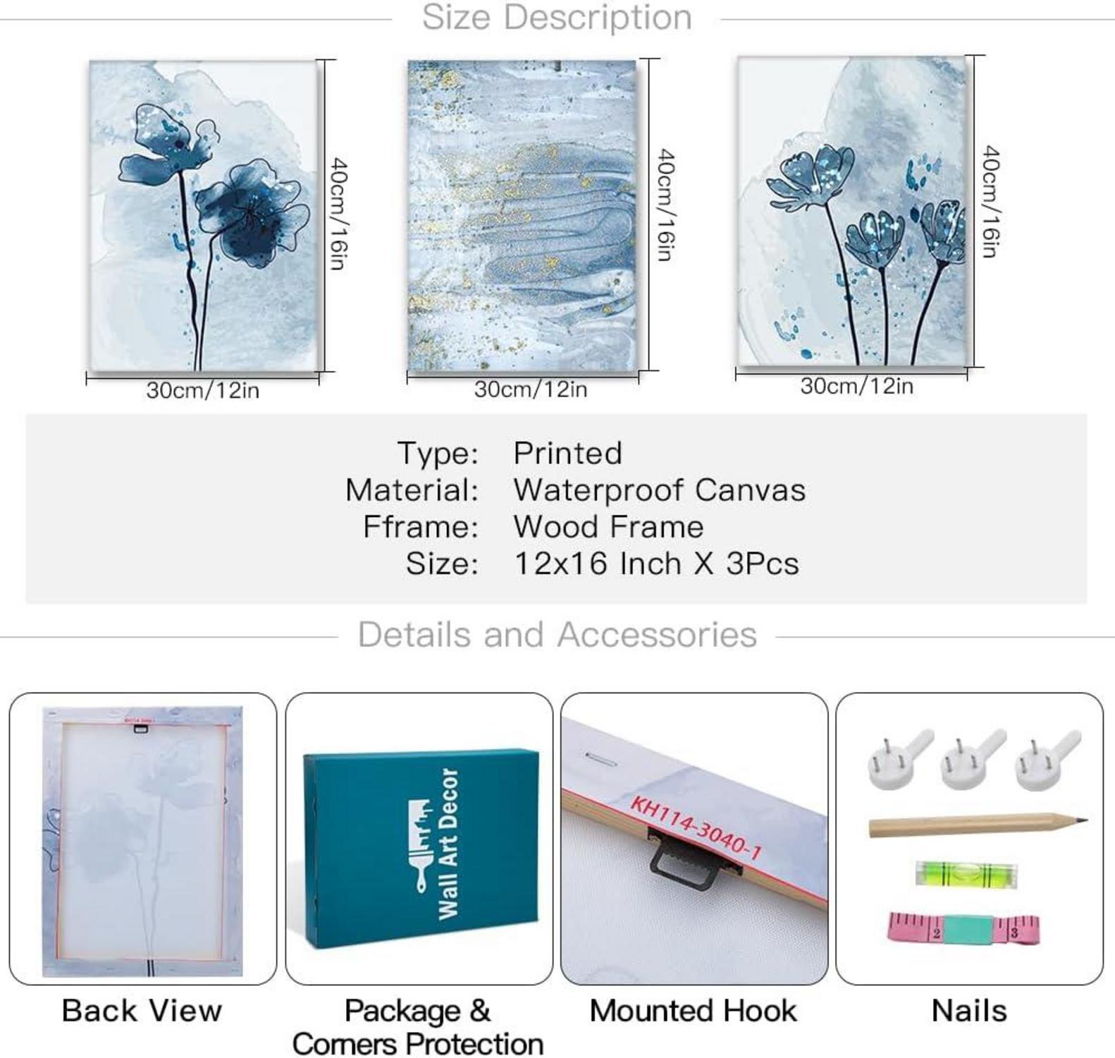 Artscope 3tlg. Abstract Leinwandbilder Blau Gold Aquarell 30x40cm