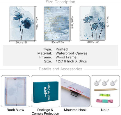 Artscope 3tlg. Abstract Leinwandbilder Blau Gold Aquarell 30x40cm