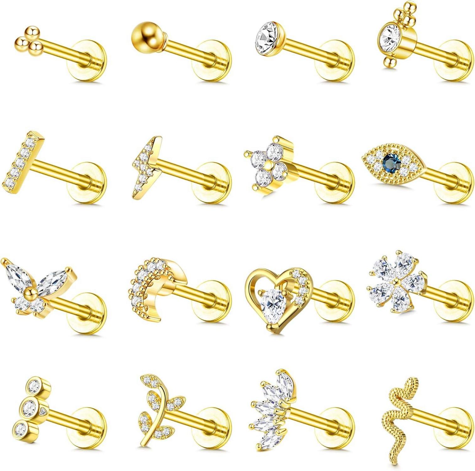 16er Set Helix Tragus Piercing Ohrringe Chirurgenstahl CZ Gold