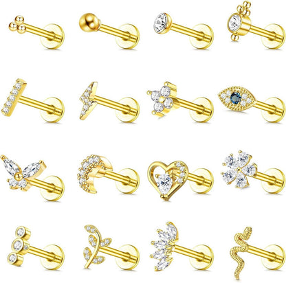 16er Set Helix Tragus Piercing Ohrringe Chirurgenstahl CZ Gold