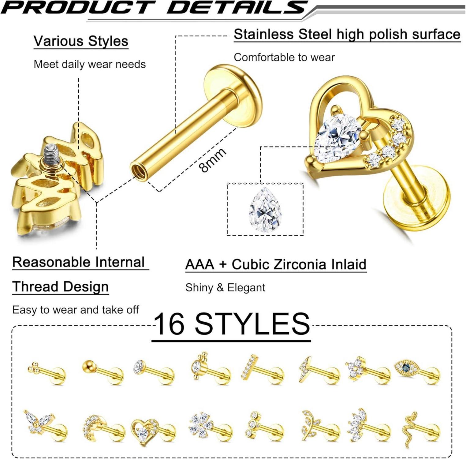 16 Stück 16G Helix Tragus Piercing Set Damen Chirurgenstahl