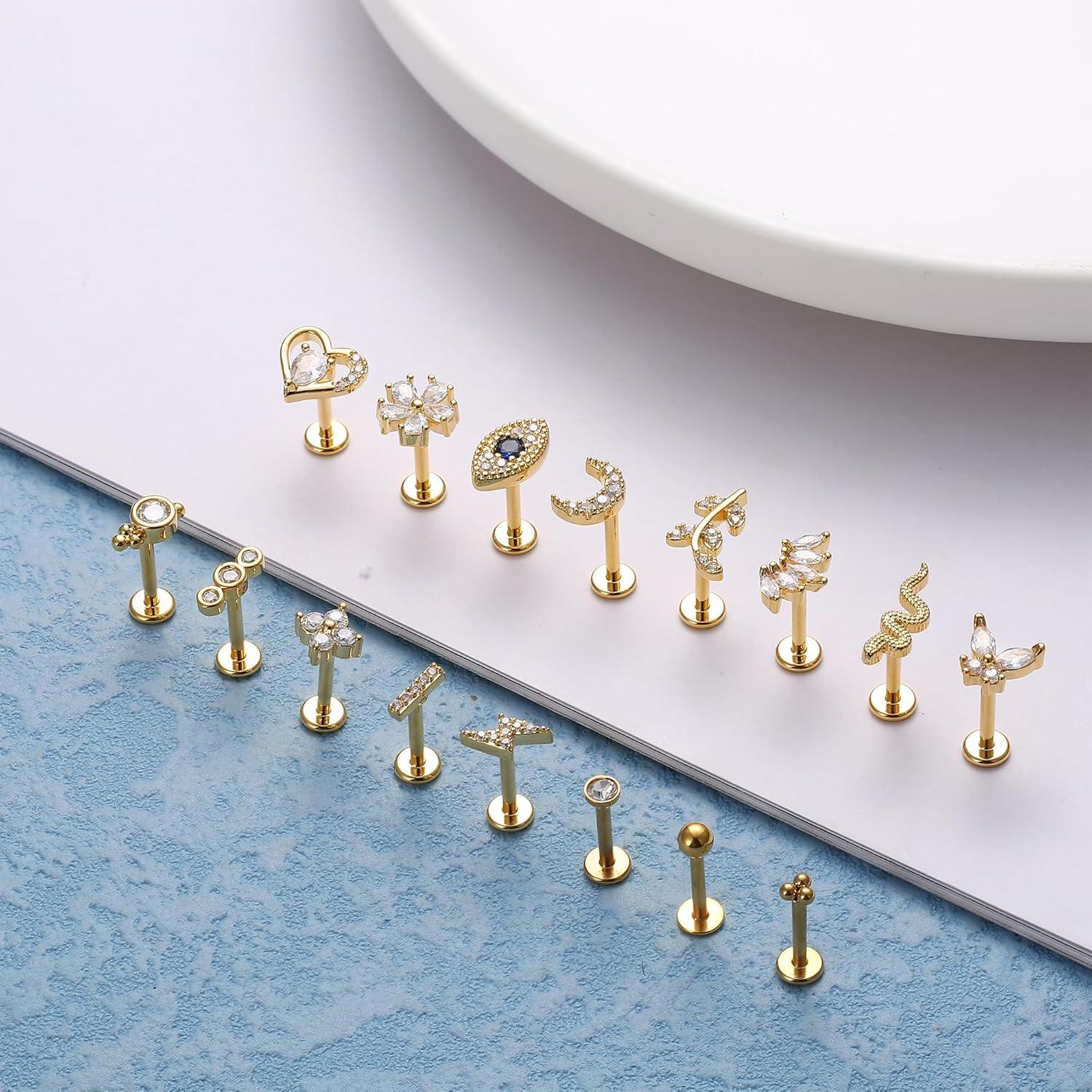 16 Stück Helix Tragus Piercings Set 16G Chirurgenstahl CZ Knorpel Ohrringe Gold