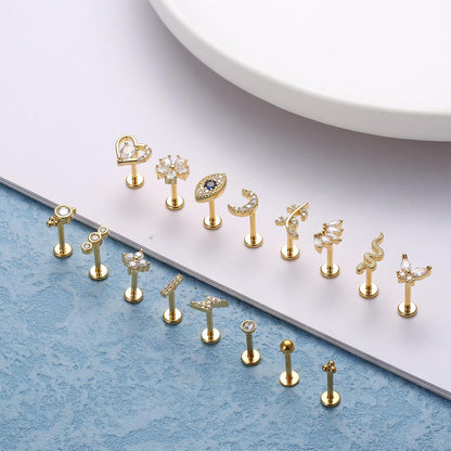 16 Stück Helix Tragus Piercings Set 16G Chirurgenstahl CZ Knorpel Ohrringe Gold