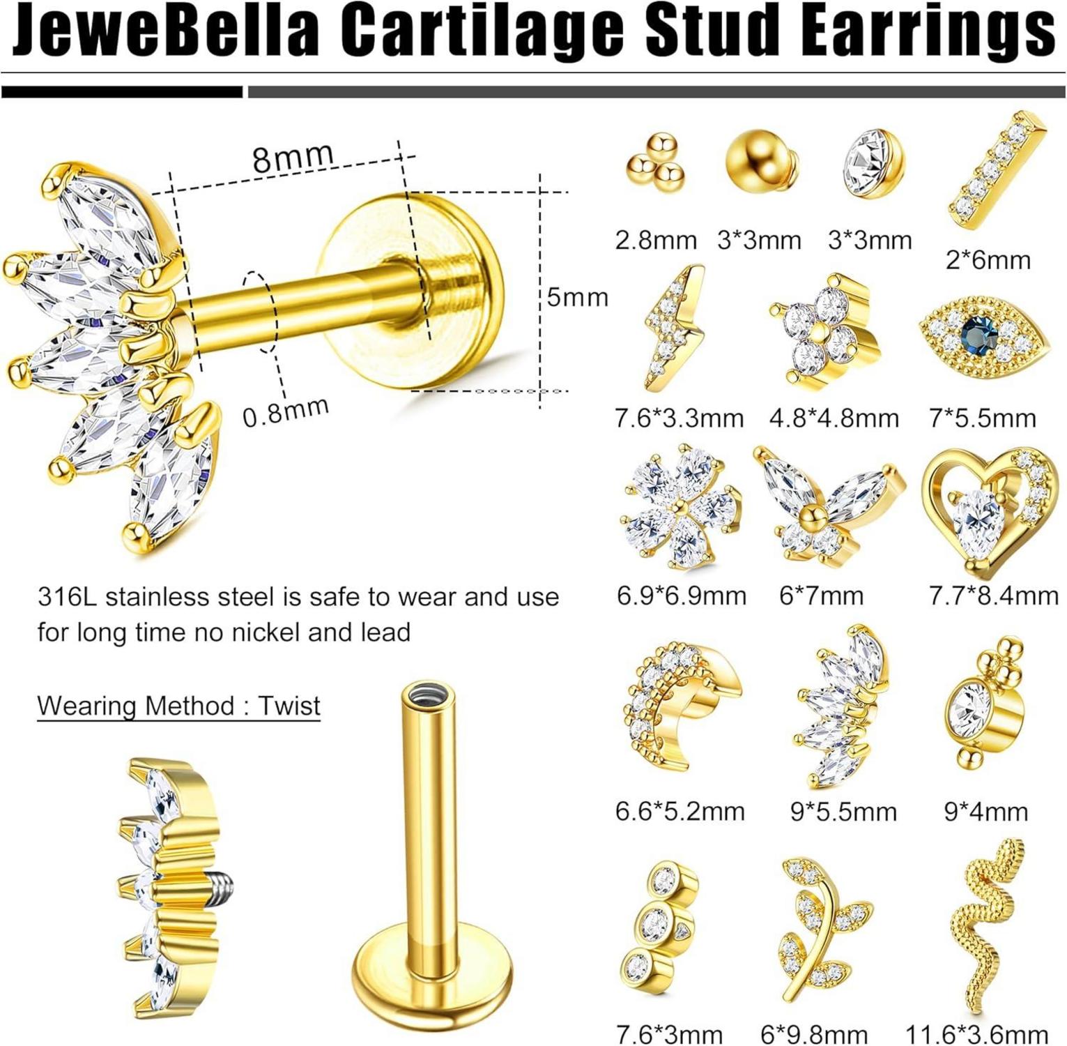 16 Stück Helix Tragus Piercings Set 16G Chirurgenstahl CZ Knorpel Ohrringe Gold