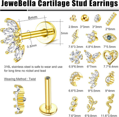 16 Stück Helix Tragus Piercings Set 16G Chirurgenstahl CZ Knorpel Ohrringe Gold