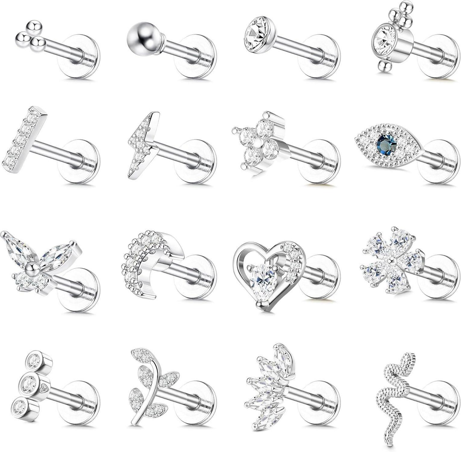 16 Stück Helix Tragus Piercing Knorpel Ohrringe Set CZ Silber