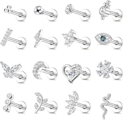 16 Stück Helix Tragus Piercing Knorpel Ohrringe Set CZ Silber