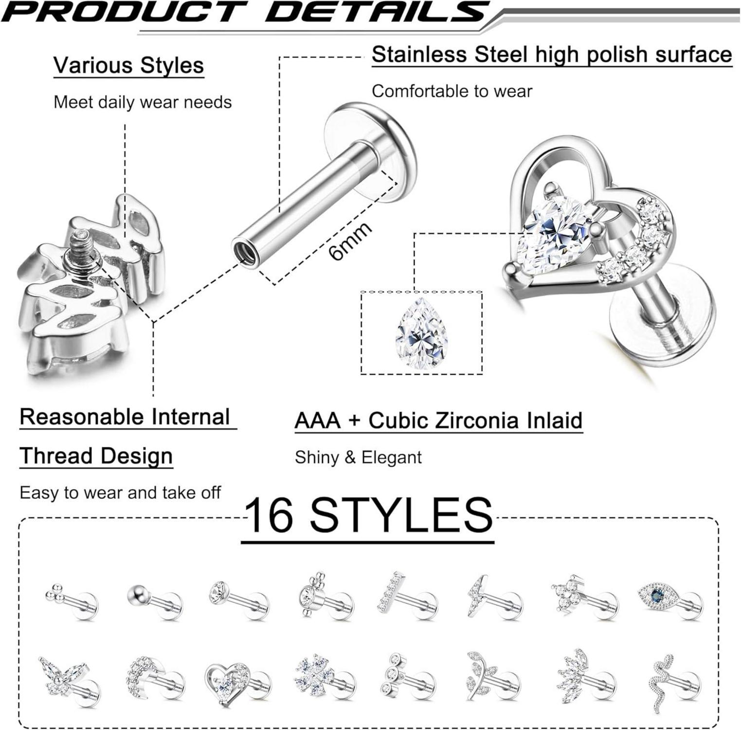 Damen Helix Knorpel Piercing Ohrringe Set 16G Chirurgenstahl