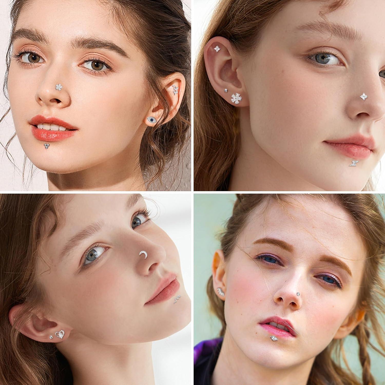 16 Stück 16G Helix Tragus Piercing Knorpel Ohrringe Chirurgenstahl CZ Herz Blatt Nasenstecker Lippenpiercing Ohr Silber