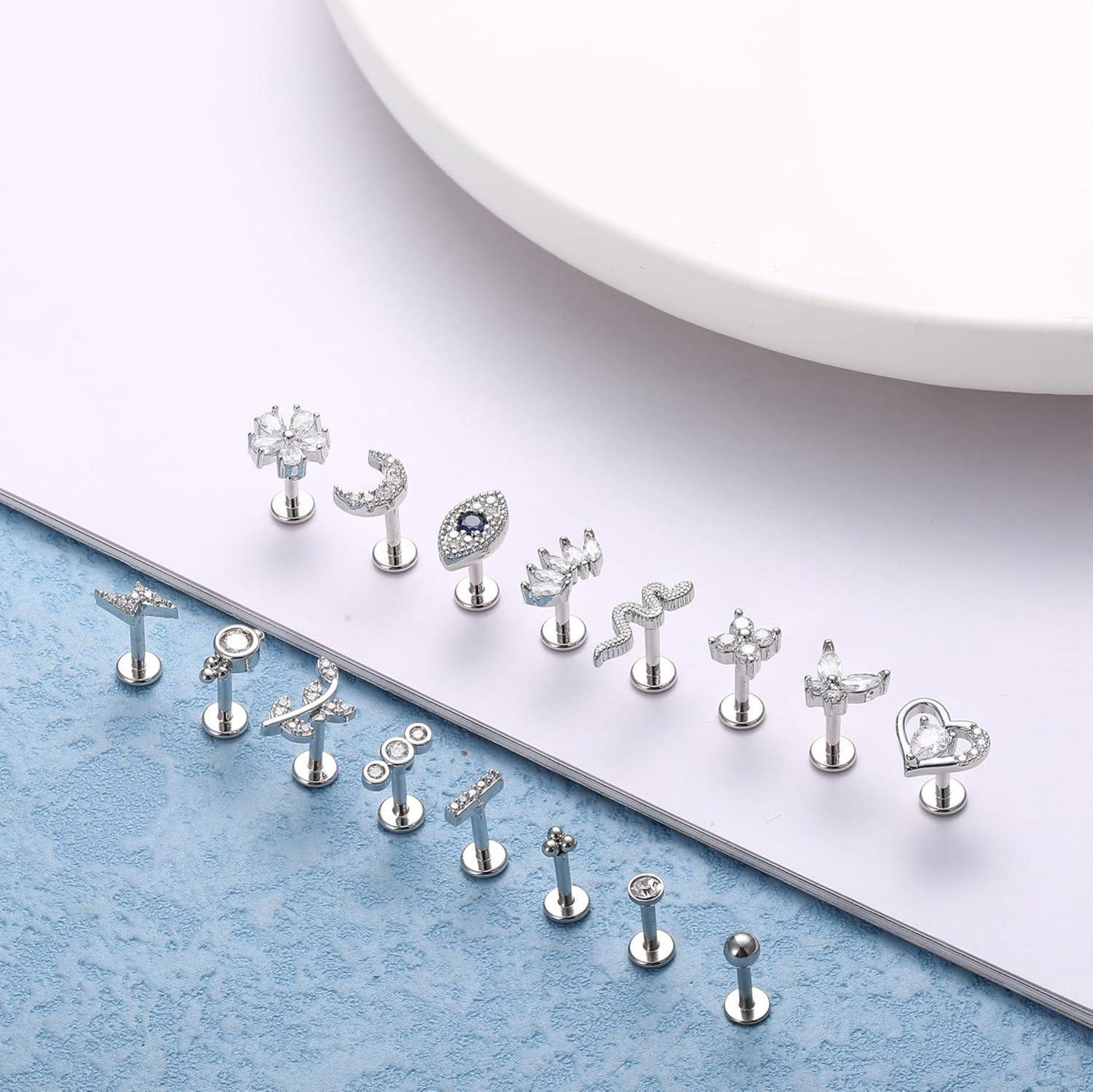 16 Stück 16G Helix Tragus Piercing Ohrringe Damen Chirurgenstahl Zirkonia Set