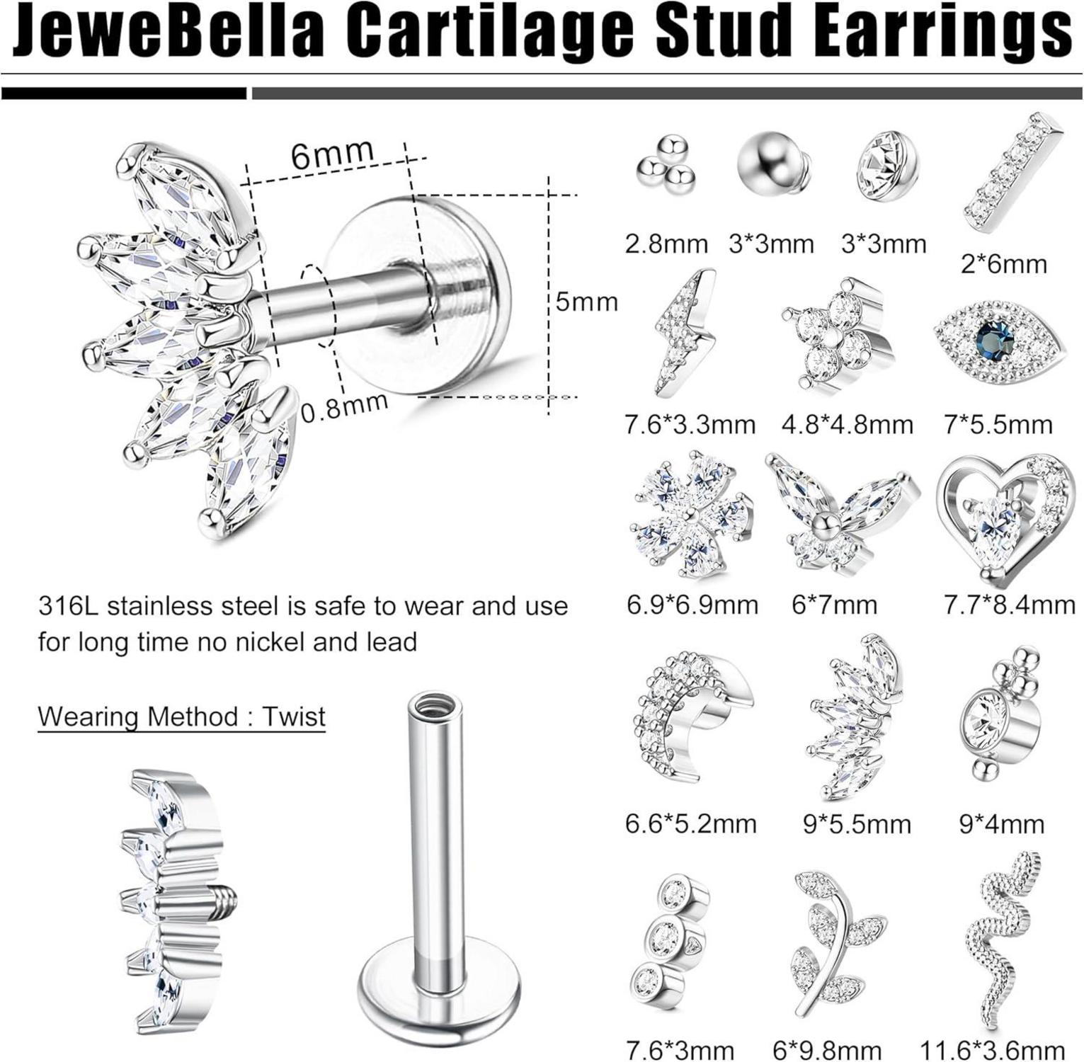 16 Stück 16G Helix Tragus Piercing Ohrringe Damen Chirurgenstahl Zirkonia Set