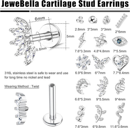 16 Stück 16G Helix Tragus Piercing Ohrringe Damen Chirurgenstahl Zirkonia Set