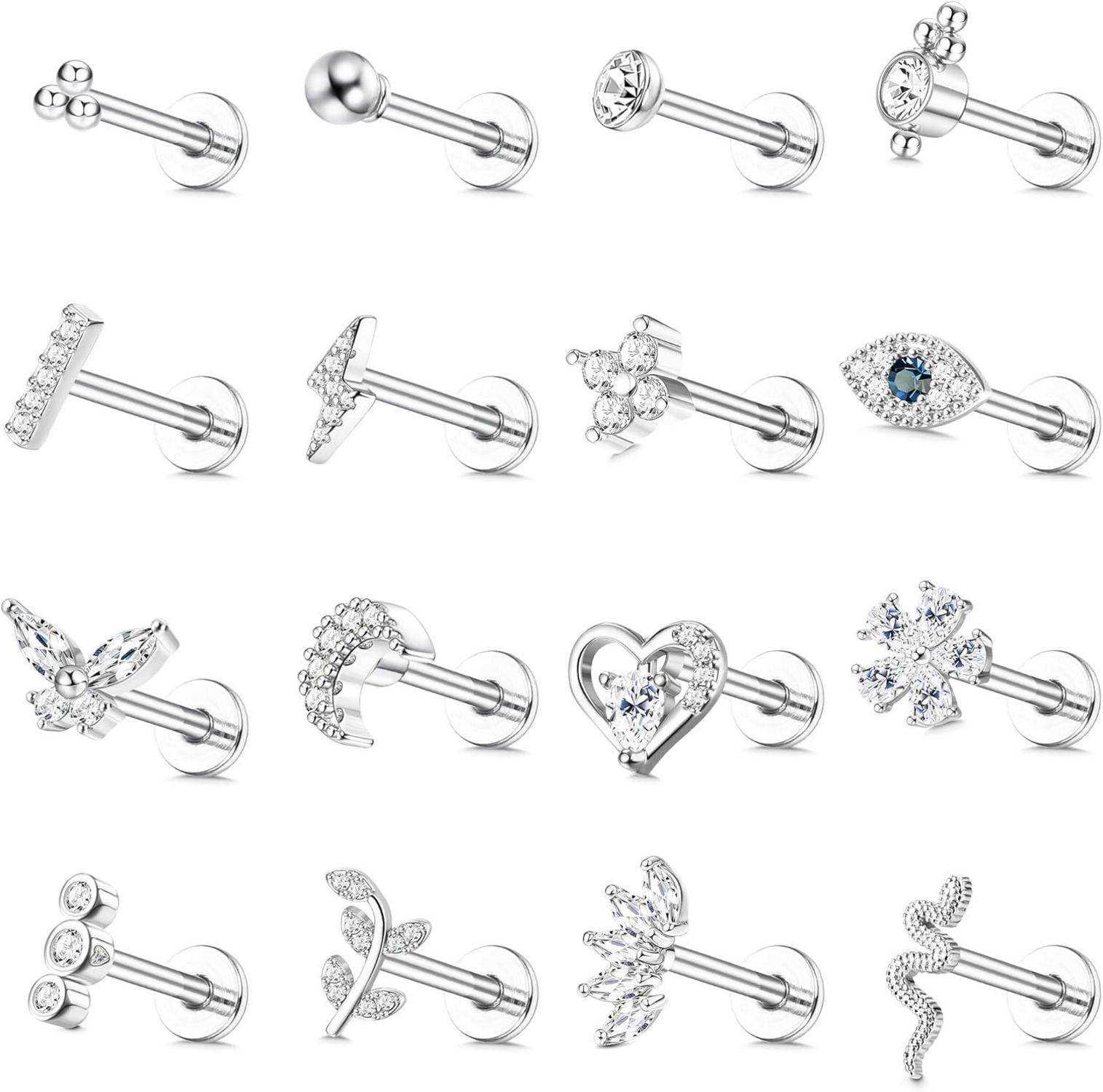 16 Stück 16G Helix Tragus Piercing Set CZ Mond Herz Blatt Ohrschmuck