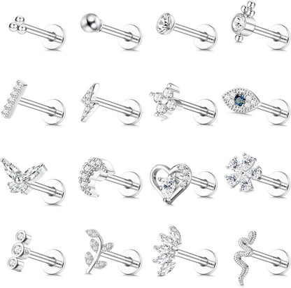 16 Stück 16G Helix Tragus Piercing Set CZ Mond Herz Blatt Ohrschmuck