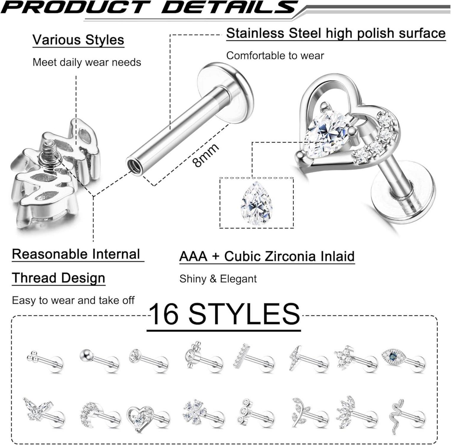 16 Stück 16G Helix Tragus Piercing Set Chirurgenstahl CZ