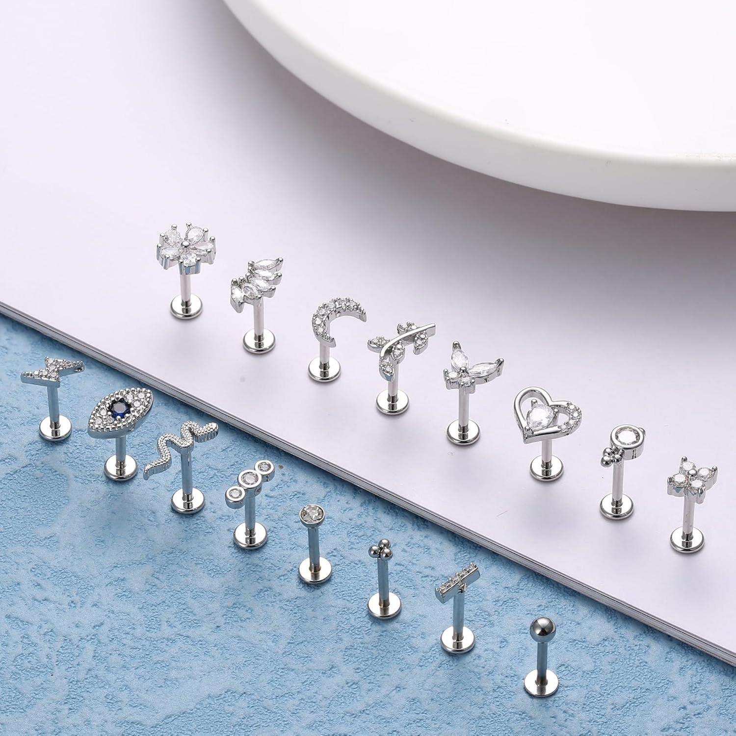 16G Helix Tragus Piercing Set 16 Stück Chirurgenstahl CZ Mond Herz Blatt