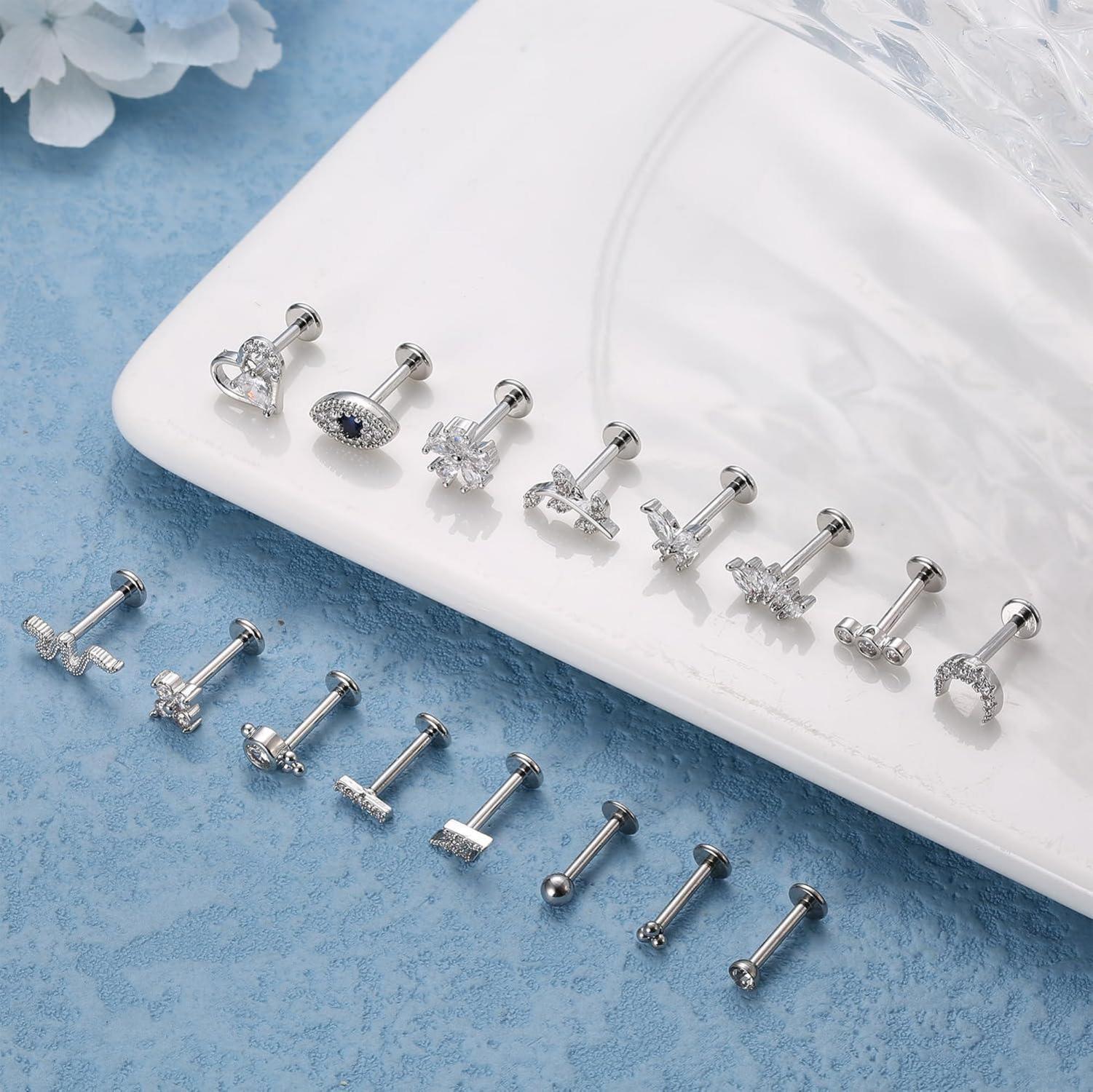 16 Stück Helix Tragus Piercing Knorpel Ohrringe Chirurgenstahl CZ Moon
