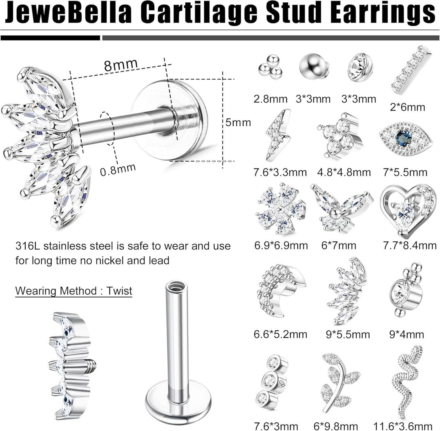 16G Helix Tragus Piercing Set 16 Stück Chirurgenstahl CZ Mond Herz Blatt