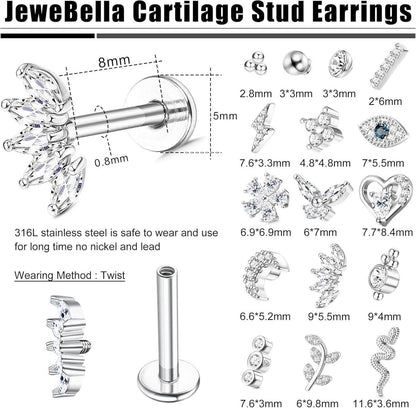 16G Helix Tragus Piercing Set 16 Stück Chirurgenstahl CZ Mond Herz Blatt