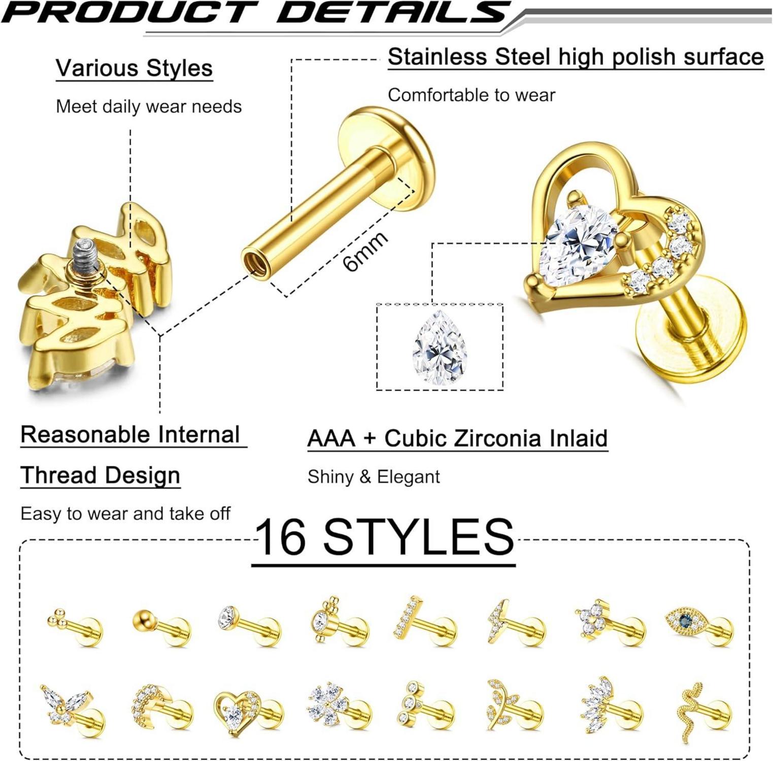 Helix Tragus Piercing Set 16G Knorpel Ohrringe