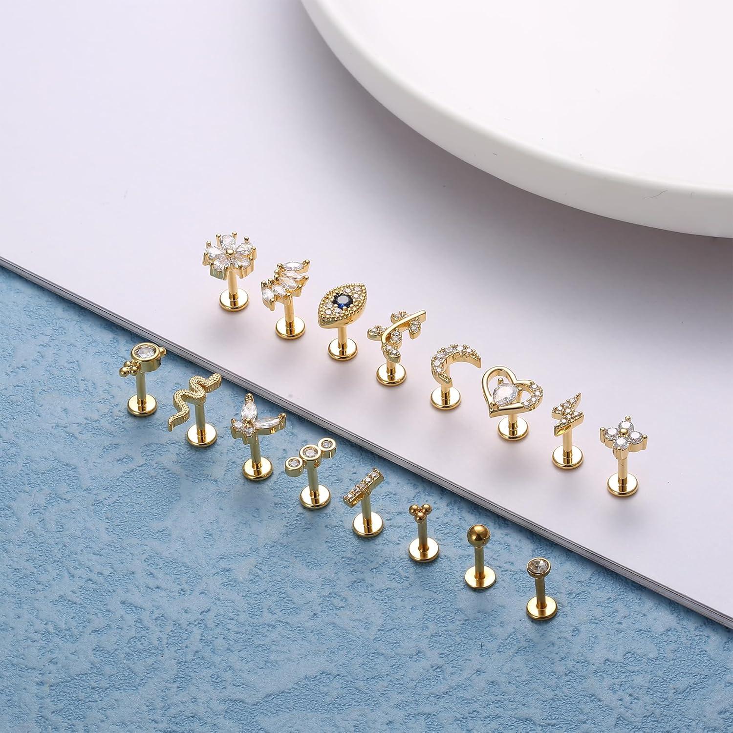 16 Stück Helix Tragus Piercings Knorpel Ohrringe Chirurgenstahl Gold