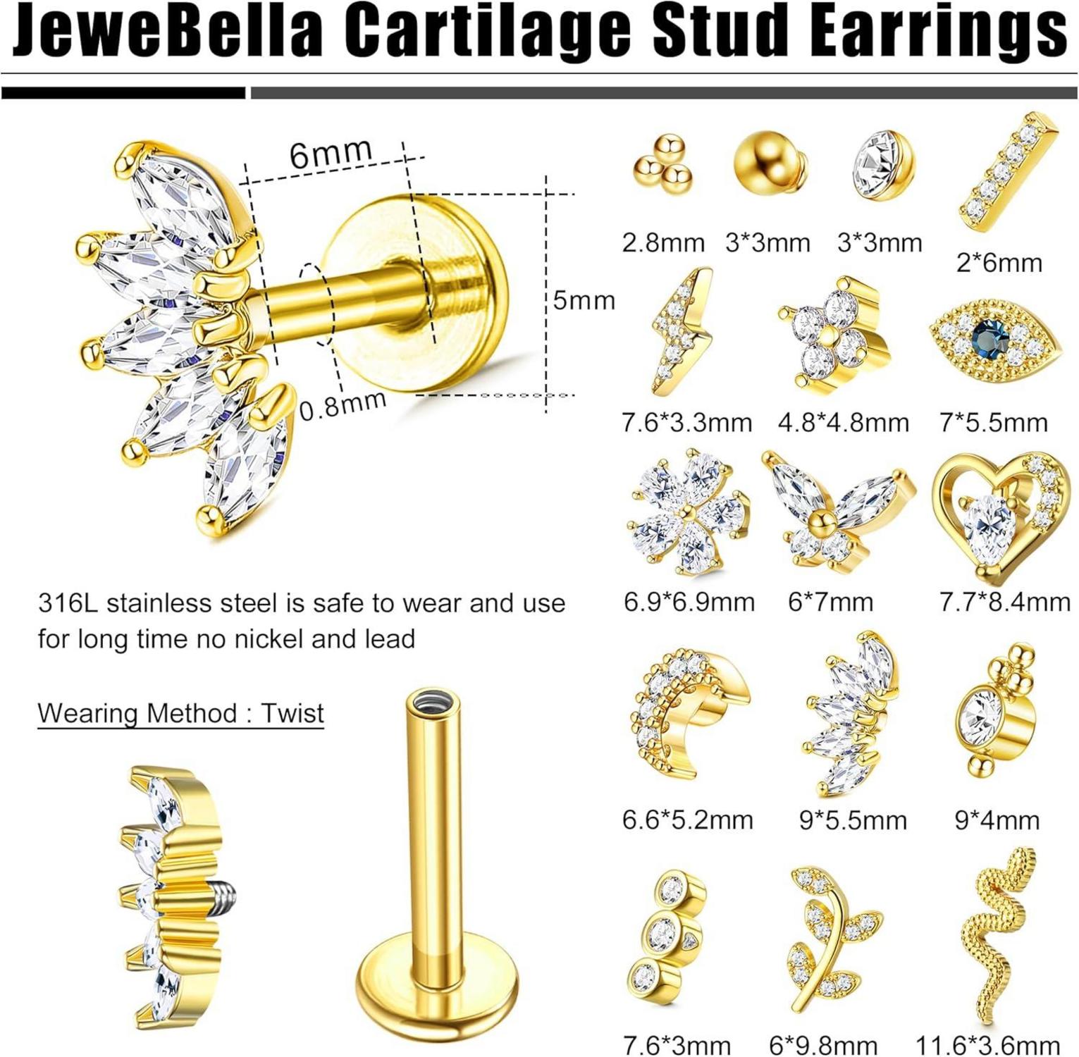 16 Stück Helix Tragus Piercings Knorpel Ohrringe Chirurgenstahl Gold