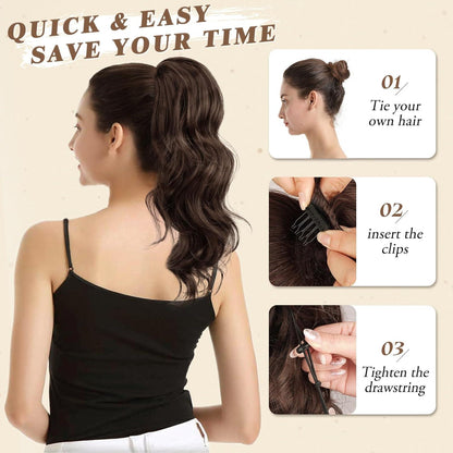 Locken Kordelzug Pferdeschwanz Haarverlängerung 40 cm, Kastanienbraun