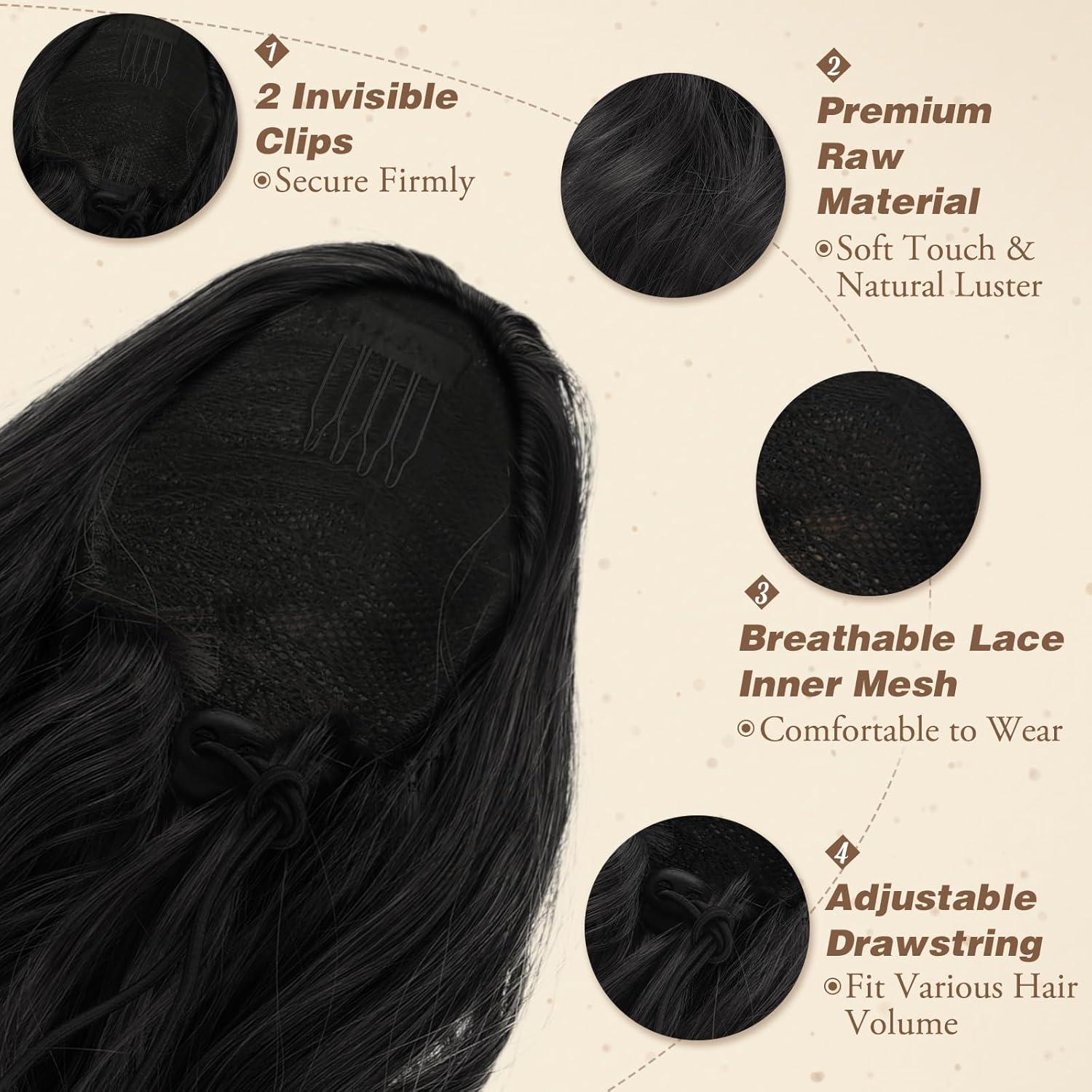 Locken Kordelzug Pferdeschwanz Haarteil 40 cm Schwarz Wellige Ponytail Extension