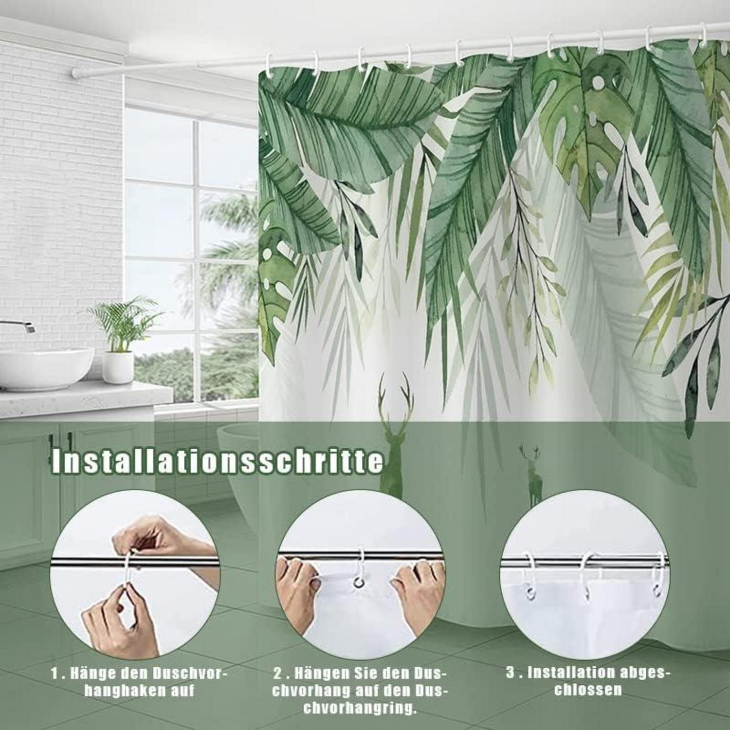 Duschvorhang 180x180 cm Grün Blätter Wasserdicht Polyester mit 12 Ringen