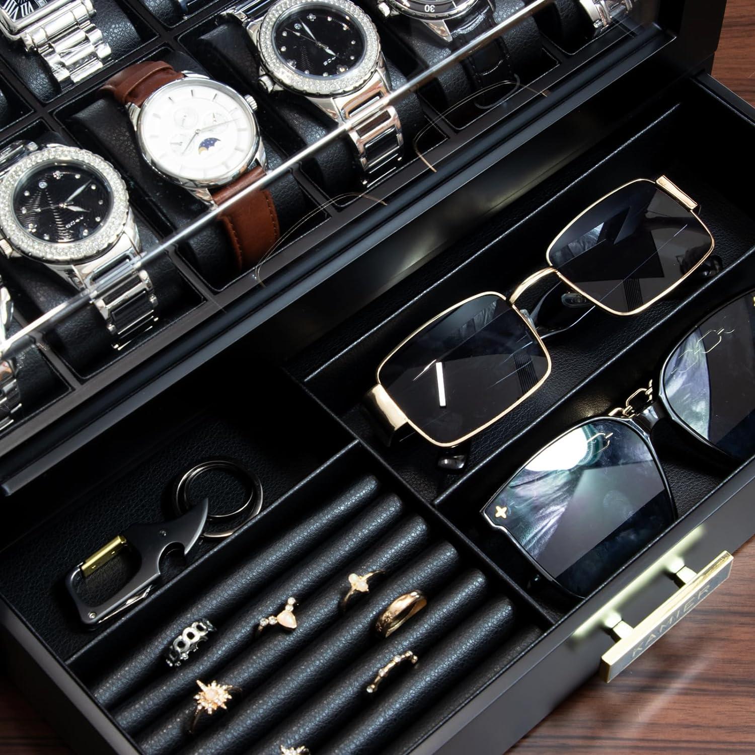 Uhrenbox Herren Echtholz 12 Fächer Lederkissen Schublade - Schwarz